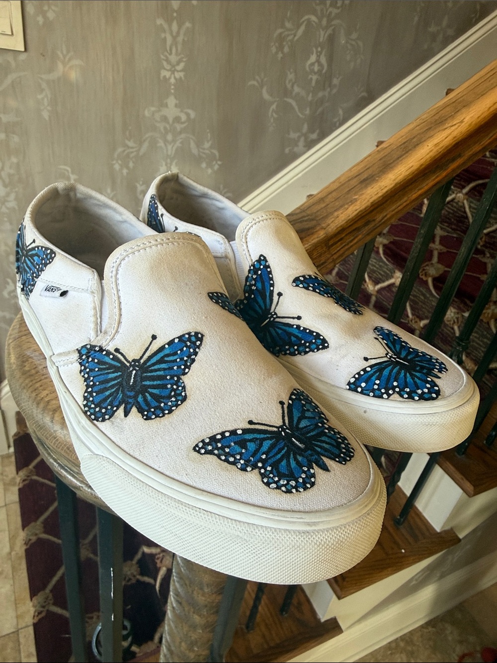 VANS classic slip on sneaker with hand-painted blue butterfly motifs womens 10